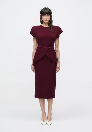 SLEEVE SHOULDER PAD PEPLUM DRESS TO MIDCALF - Jerseyjurk - plum