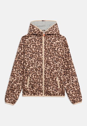 Lightweight hooded jacket with brown and beige leopard print, full front zipper, zippered side pockets, and elastic cuffs.