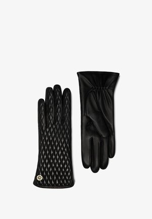 Black leather gloves featuring a quilted pattern, with a gathered wrist detail on one glove and smooth texture on the other.