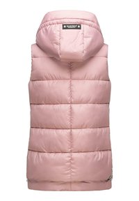 Puffig rosa ärmlös väst med huva, vadderad design, sidodragkedjor och en logotagg på baksidan. Slät, mjuk textur.