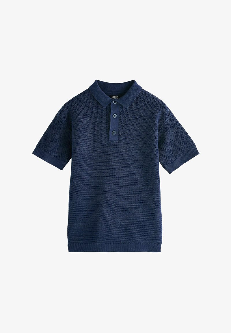 Marineblaue kurzärmelige Strick-Poloshirt mit Kragen und drei Knöpfen vorne, strukturierter Stoff sowie gerippte Bündchen und Saum.
