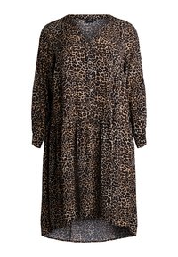 Leopardenmuster-Kleid aus leichtem Stoff mit V-Ausschnitt, Knopfleiste, langen Ärmeln und einem schwingenden, gestuften Saumdesign.