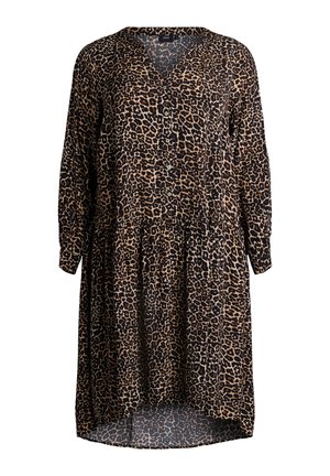 Mekko, jossa on leopardikuvio, kevyestä kankaasta valmistettu, V-pääntie, napitus edessä, pitkät hihat ja hulmuava, kerrostettu helma.