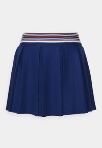 Jupe plissée marine avec une taille élastique rayée, présentant des rayures blanches, bordeaux et marine. Fabriquée en tissu texturé.