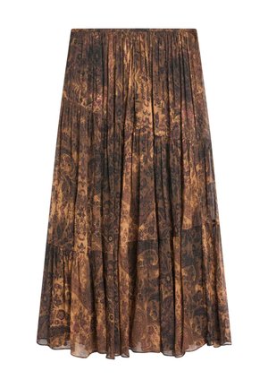 Gonna marrone a fantasia con design a strati, realizzata in tessuto leggero dalla texture fluida e con motivi paisley intricati.