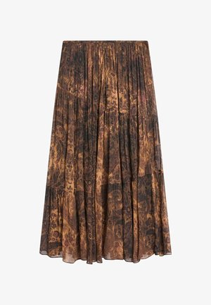 Gonna marrone a fantasia con design a strati, realizzata in tessuto leggero dalla texture fluida e con motivi paisley intricati.
