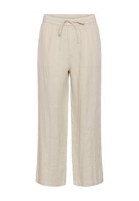 Bēša krāsas vaļējas bikses ar elastīgu vidukli un auklu, izgatavotas no viegla auduma, piemērotas ikdienas valkāšanai.