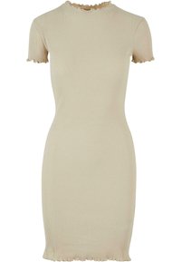 Robe beige à manches courtes côtelée avec une finition en bord de laitue sur le col, les manches et l'ourlet, silhouette ajustée, longueur genou.