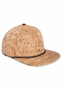 Cork baseball cap with a flat brim, featuring a brown accent band and logo detail on the front, showcasing a textured natural material.