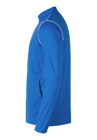 Blauwe lange mouwen sportshirt met hoge kraag, met contrasterende witte stiksels langs de schouders en zijopeningen.