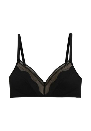 Soutien-gorge noir avec bretelles fines réglables et détails en maille transparente le long du haut des bonnets et du centre devant.