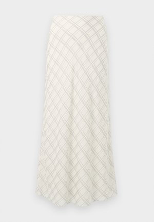 Long, cream-colored skirt with a diagonal plaid pattern in gray. Flowing design with a smooth texture, flaring towards the hem.