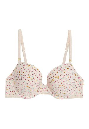 Soutien-gorge avec un imprimé floral en crème, bonnets moulés, bretelles ajustables et fermeture à crochet. Tissu texturé avec de petites fleurs colorées.
