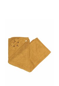 Osuška s kapucňou v tvare medvedíka v horčicovo žltej farbe, mäkká a plush tkanina, so zobrazením medvedej tváre a okrúhlymi uškami. Obdĺžnikový tvar.