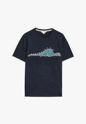 Dark blue cotton t-shirt with short sleeves, featuring a colorful dinosaur graphic and the word "SLEEPSAURUS" embossed below it.