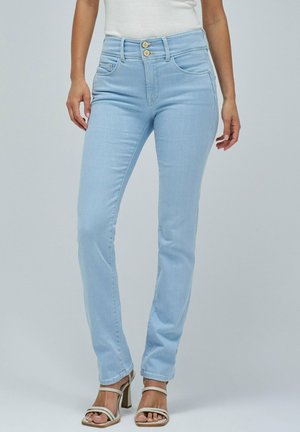 Lichtblauwe denim jeans met een aangesloten taille, twee knoopsluitingen en voorzakken. De stof is glad met een lichte stretch.