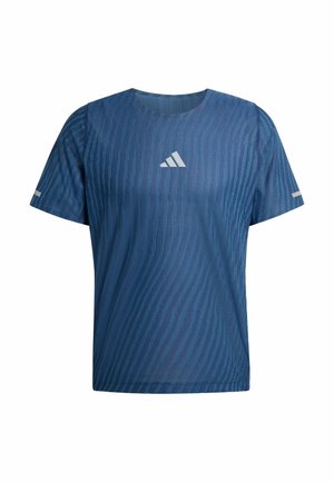 Blue short-sleeve athletic shirt with diagonal textured stripes and a white Adidas logo centered on the chest.