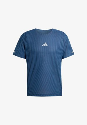 Blue short-sleeve athletic shirt with diagonal textured stripes and a white Adidas logo centered on the chest.