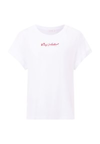 T-shirt en coton blanc avec des manches courtes roulées et un col rond. Il comporte un texte rouge et bleu "sois mon Valentin" avec des accents en forme de cœur.