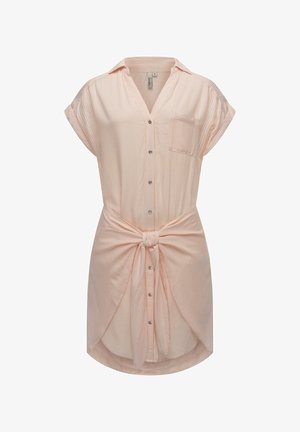 Knappearmer kjole i lys fersken med hvite striper, korte ermer, brystlomme og knutedetalj i midjen for fasong.