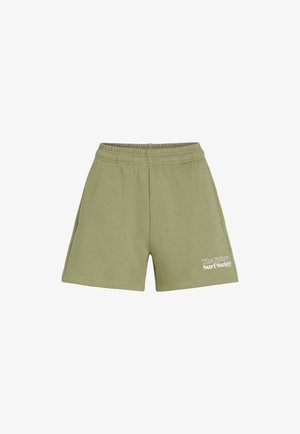 Pantaloni corti verde oliva realizzati in un tessuto morbido ed elastico, con una vita elastica e una stampa bianca che recita "The Future Surf Society."