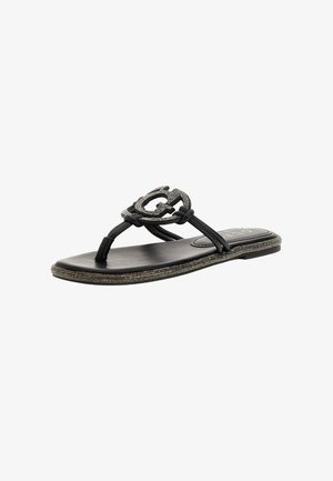 Black flip-flop sandal with a wide toe strap featuring a textured metallic logo accent. Smooth footbed with beaded detailing along the sole.