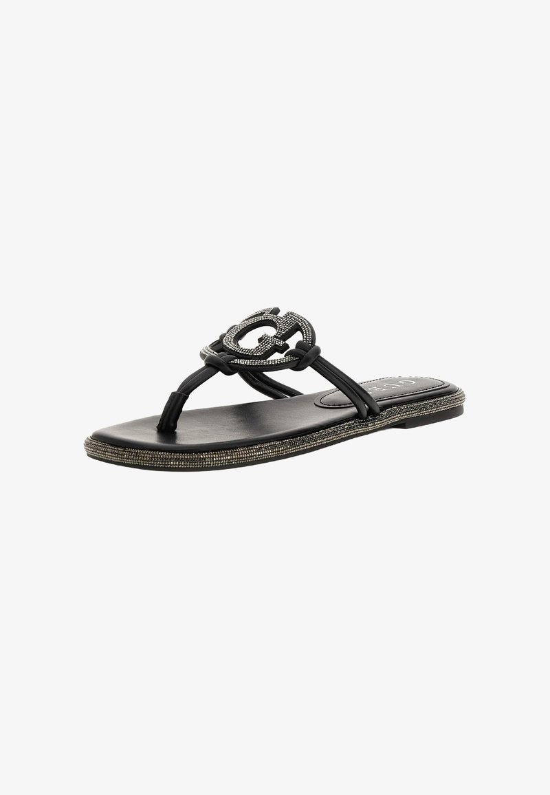 Black flip-flop sandal with a wide toe strap featuring a textured metallic logo accent. Smooth footbed with beaded detailing along the sole.
