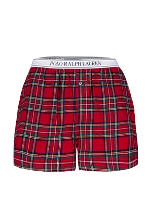 Červené kostkované trenýrky s bílým elastickým páskem s logem "POLO RALPH LAUREN", jedním zapínacím knoflíkem a měkkou texturou látky.