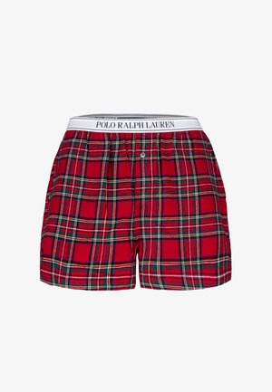 Červené kostkované trenýrky s bílým elastickým páskem s logem "POLO RALPH LAUREN", jedním zapínacím knoflíkem a měkkou texturou látky.