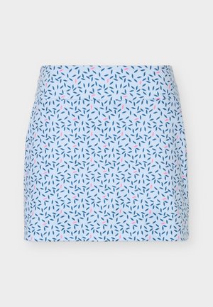 Fustă albastru deschis cu talie înaltă, cu un model mic de frunze albastre închise și roz pe toată suprafața.