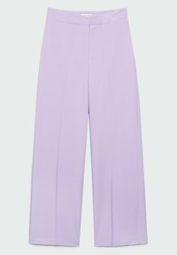 Pantalon taille haute à jambes larges en violet clair, avec un devant lisse et une fermeture dissimulée, conçu pour une coupe décontractée.