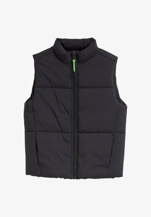 Schwarze, gepolsterte Weste mit hohem Kragen, Frontreißverschluss mit grünem Anhänger und seitlichen Taschen; verfügt über gesteppten Stoff und glatte Textur.