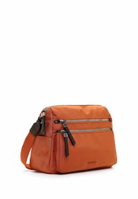 Orange rectangular crossbody bag with three silver zipper pockets and an adjustable orange strap on a white background.