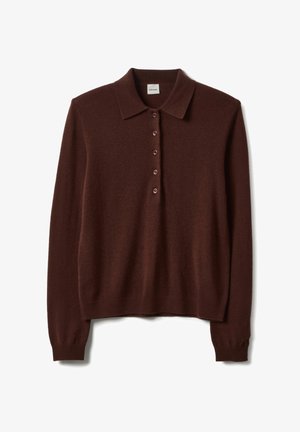 Brauner Woll-Polo-Pullover mit Kragen, langen Ärmeln und einer Vorderseite mit sechs Knöpfen. Weiche Textur und körperbetontes Design.