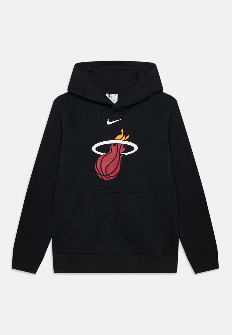 Sudadera negra de algodón, con un bolsillo canguro en la parte delantera, puños de canalé y un logo gráfico de un baloncesto en llamas con un halo.