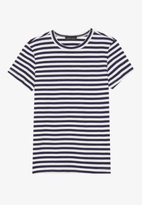 Navy and white striped short-sleeve t-shirt made of soft fabric. Features a round neckline and uniform horizontal stripes throughout.