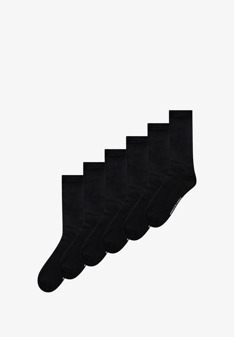Schwarze Baumwollsocken, sechs Paare, gerippte Textur, Knöchellänge, nahtlose Fußspitze, mit kleinem Logo an der Sohle, einheitliches Design.