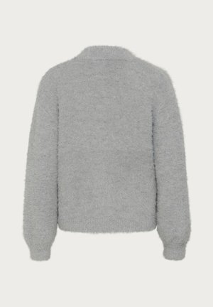 Grijze fluffy trui met een kraag, lange mouwen en een gestructureerde afwerking. De achterkant is effen zonder zichtbare sluitingen of patronen.
