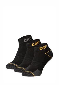 Chaussettes noires mi-mollet avec un design côtelé, avec des accents contrastés en gris et jaune et le logo CAT® sur le revers. Paquet de trois paires.