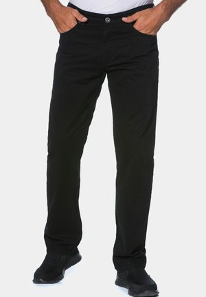 Black straight-fit pants made of cotton fabric featuring a front button closure, two front pockets, and a smooth texture.