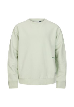 Hellgrünes Sweatshirt mit Rundhalsausschnitt, langen Ärmeln, gerippten Bündchen und Saum, kleines Logotext auf der rechten Seite in der Nähe der Taille.
