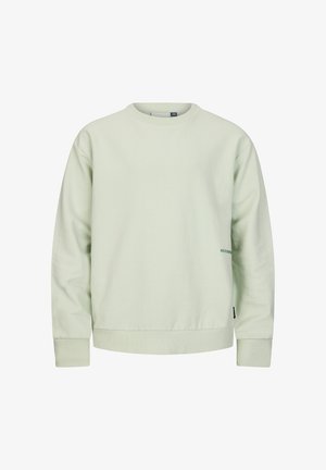 Felpa verde chiaro a girocollo con maniche lunghe, polsini e orlo a coste, piccolo logo testuale sul lato destro vicino alla vita.