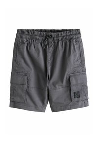 Grijze cargoshorts met een elastische tailleband en een trekkoord, twee zijzakken en een decoratieve patch op het rechterbeen.