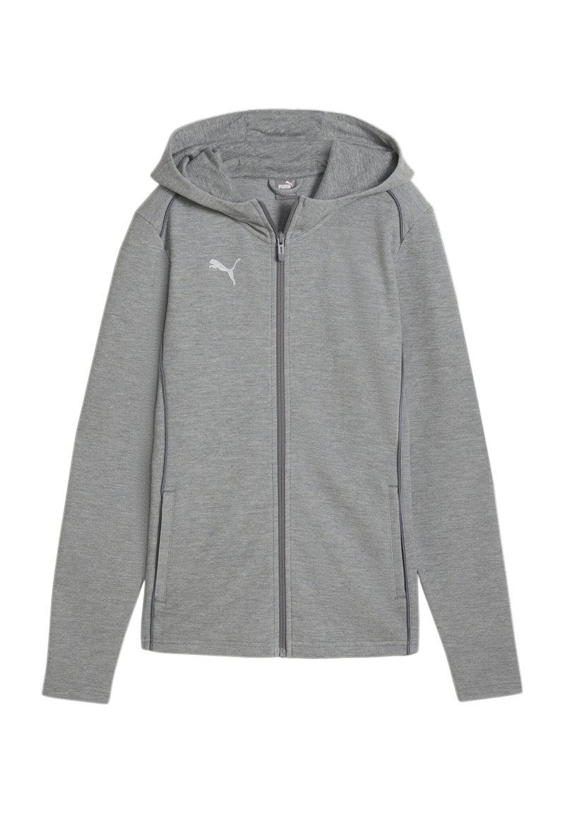 Felpa grigia con zip realizzata in tessuto morbido, dotata di tasca a marsupio, polsini elastici e cappuccio con cordino. Logo Puma sul lato sinistro del petto.