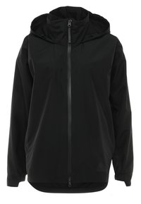 Veste noire à capuche à manches longues avec fermeture éclair sur le devant et logo Adidas discret en bas à gauche.