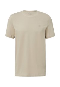 Beige t-shirt met korte mouwen en ronde hals, voorzien van een subtiel reliëflogo op de borst, gemaakt van zachte katoenstof.