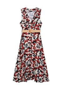 Floral midi dress in red, black, and white. Features ruffled neckline, button front, and a beige belt with a circular buckle. Lightweight fabric.