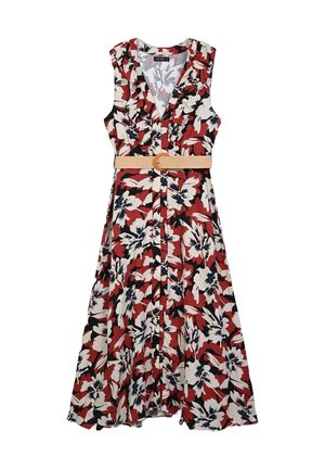 Robe midi florale rouge, noire et blanche. Présente un décolleté volanté, un devant à boutons et une ceinture beige avec une boucle ronde. Tissu léger.