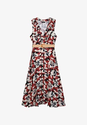 Blumenkleid in Midi-Länge in Rot, Schwarz und Weiß. Mit Rüschenausschnitt, Knopfleiste vorne und einem beigen Gürtel mit runder Schnalle. Leichter Stoff.
