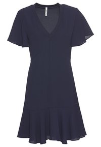 Tmavě modré šaty s krátkým rukávem, výstřihem do V, rozšířenou sukní a vrstveným volánkovým lemem. Vyrobené z lehkého materiálu s hladkou texturou.